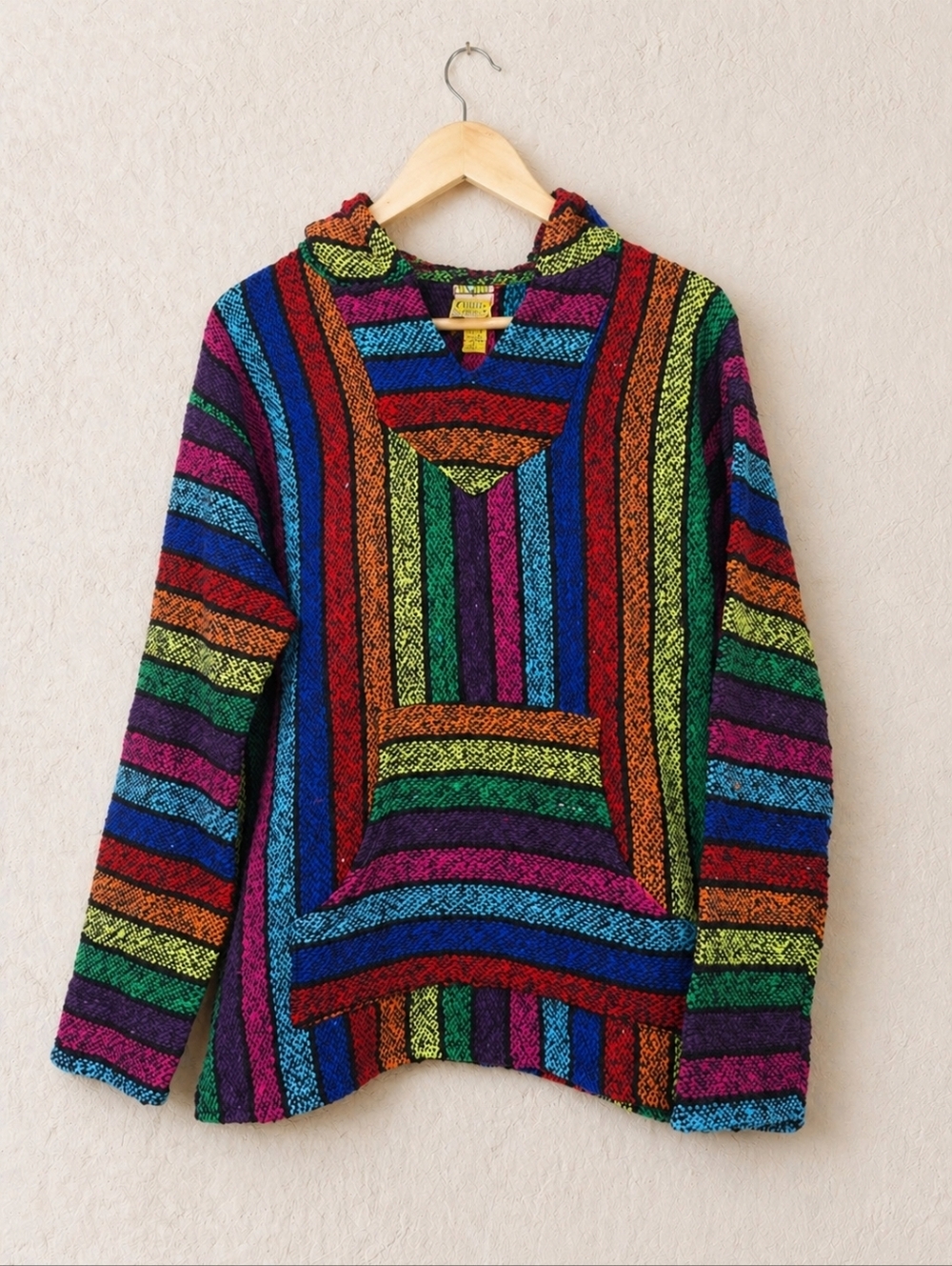Frank’s Vintage Baja Mexican Poncho Hoodie Rainbow Striped Pullover Large